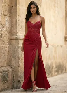 Sheath/Column V-Neck Spaghetti Straps Sequins Satin Dress