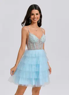 Ball-Gown/Princess V-Neck Short Tulle Homecoming Dress With Rhinestone Beading Sequins 