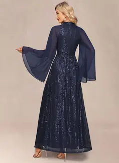A-line High Neck Floor-Length Chiffon Sequin Evening Dress 