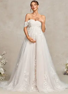 Ball-Gown/Princess Off the Shoulder Court Train Tulle Lace Maternity Dresses 