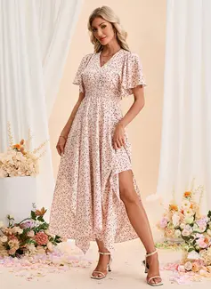 Floral Print Smocked V-Neck Short Sleeve A-line Printed Fabric Asymmetrical Maxi Dress 