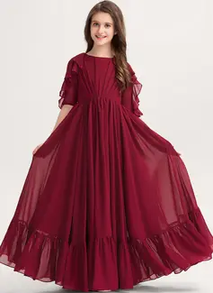 A-line Scoop Floor-Length Chiffon Junior Bridesmaid Dress With Cascading Ruffles 