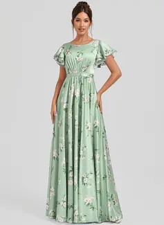 A-line Scoop Floor-Length Matte Satin Bridesmaid Dress With Ruffle 