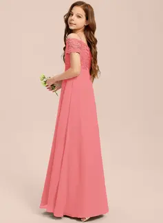 A-line kjole Kald skulder Gulvlengde Chiffon Blonder Brudepikekjole ungdom 