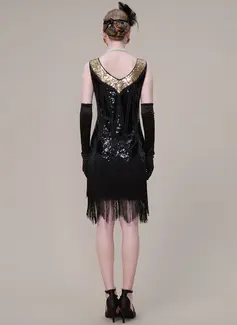 V-Neck Beaded Sequins 1920's Gatsby Flapper Cocktail Dress 