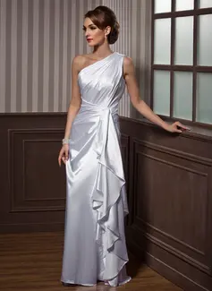 A-line kjole En skuldret Gulvlengde Charmeuse Festkjole med Brusende Volanger 