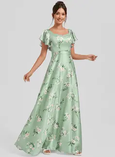 A-line V-Neck Floor-Length Matte Satin Bridesmaid Dress With Ruffle 