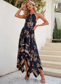 Kjole Maxi i Trykt stoff med Halterneck Blomstertrykk