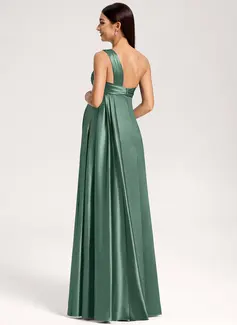 A-line One Shoulder Floor-Length Stretch Satin Maternity Dresses With Ruffle 