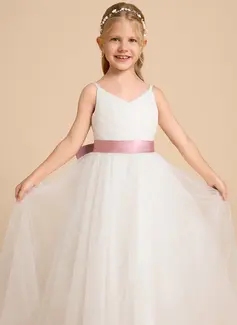 A-line kjole V-hals Gulvlengde Tyll Sateng Brudepikekjole barn med Bånd 