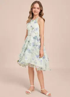 A-Linien-Kleid Neckholder Vokuhila Blumenmuster Kleider für junge Brautjungfern 