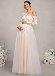 A-line Asymmetrical Floor-Length Tulle Lace Maternity Dresses 