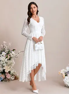 A-line V-Neck Ankle-Length Asymmetrical Lace Wedding Dress With Ruched 