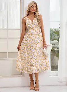 Bow Floral Print V-Neck Sleeveless A-line Chiffon Midi Dress 