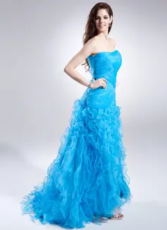 A-Line/Princess Strapless Sweep Train Organza Prom Dresses With Split Front Cascading Ruffles 
