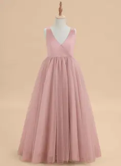 Prinzessin V-Ausschnitt Bodenlang Tüll Satin Blumenmädchenkleid mit Schleife Schärpe 