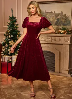 Jacquard Square Short Sleeve A-line Velvet Midi Dress 