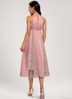 A-line Halter Tea-Length Maternity Dresses With Lace Pleated 