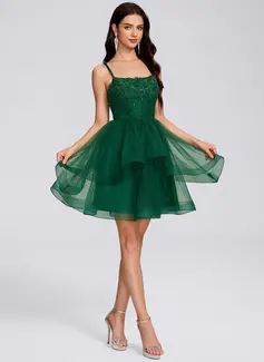 A-line Square Short Lace Tulle Homecoming Dress With Bow 