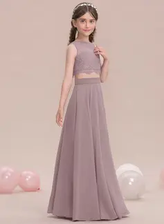 A-Linien-Kleid Rundhals Bodenlang Chiffon Spitze Kleider für junge Brautjungfern 