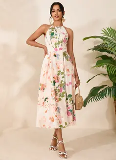 Floral Print Halter Sleeveless A-line Printed Fabric Midi Dress 