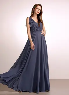 A-Line V-neck Floor-Length Bridesmaid Dress With Ruffle 