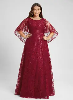 A-Linien-Kleid Rundhals Bodenlang Pailletten Spitze Abendkleid mit Cape-Ärmel 