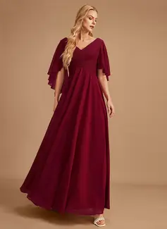 A-Line V-neck Floor-Length Chiffon Bridesmaid Dress With Ruffle 