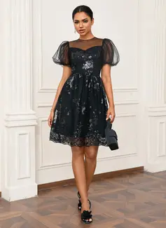 Sequins Scoop Illusion Short Sleeve A-line Tulle Mini Dress 