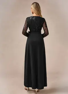 Sequins V-Neck Long Sleeve A-line Stretch Crepe Sequin Asymmetrical Maxi Dress 