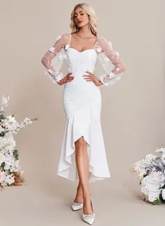 Embroidered Sweetheart Long Sleeve Trumpet/Mermaid Stretch Crepe Asymmetrical Midi Dress 
