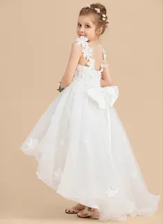 Prinzessin V-Ausschnitt Vokuhila Tüll Blumenmädchenkleid mit Schleife Perlen 3D-Blumen 