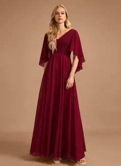 A-Line V-neck Floor-Length Chiffon Bridesmaid Dress With Ruffle 