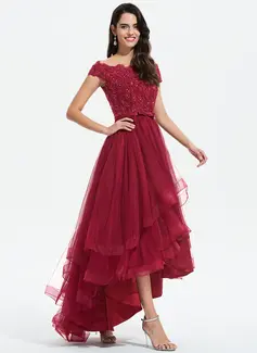 A-Linien-Kleid Carmen Vokuhila Tüll Spitze Abendkleid mit Schleife Pailletten Perlen 