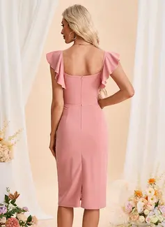 Ruffle Square Flutter Sleeve Sheath/Column Stretch Crepe Midi Dress 