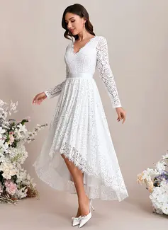 A-line V-Neck Ankle-Length Asymmetrical Lace Wedding Dress With Ruched 