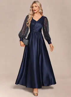 A-line V-Neck Floor-Length Tulle Sequin Satin Evening Dress 