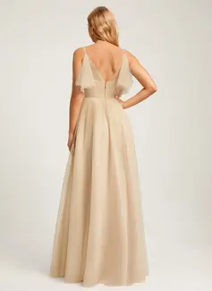 A-formet V-hals Gulvlengde Tyll Brudepikekjole 