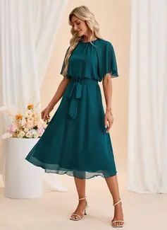 Scoop Short Sleeve A-line Chiffon Midi Dress 