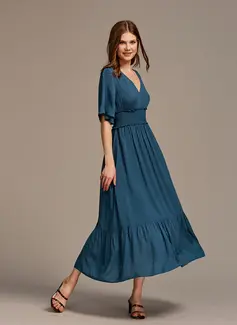 V-hals Kortermer A-line kjole Polyester Midi Motekjoler 