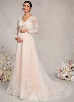 A-line V-Neck Court Train Lace Tulle Maternity Dresses With Beading 