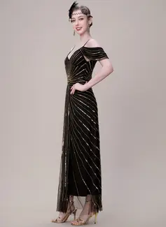 Off the Shoulder Crystal-Encrusted Beaded 1920s Evening Gown 