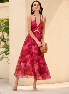 Firkantet utringning Ermeløs Ferie A-line kjole Chiffong Midi Motekjoler 