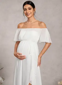 A-line Off the Shoulder Sweep Train Chiffon Maternity Dresses With Cascading Ruffles 
