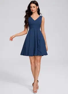 A-line V-Neck Short Chiffon Homecoming Dress With Bow Ruffle Ruched 