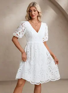 A-line V-Neck Knee-Length Lace Wedding Dress 