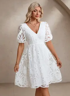 A-line V-Neck Knee-Length Lace Wedding Dress 