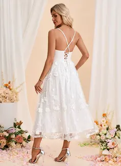 A-line Cowl Tea-Length Tulle Wedding Dress With Embroidered 