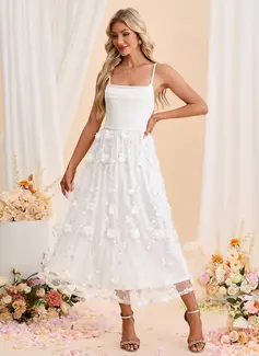 A-line Cowl Tea-Length Tulle Wedding Dress With Embroidered 