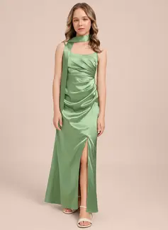 Sheath/Column Scoop Floor-Length Stretch Satin Junior Bridesmaid Dress 